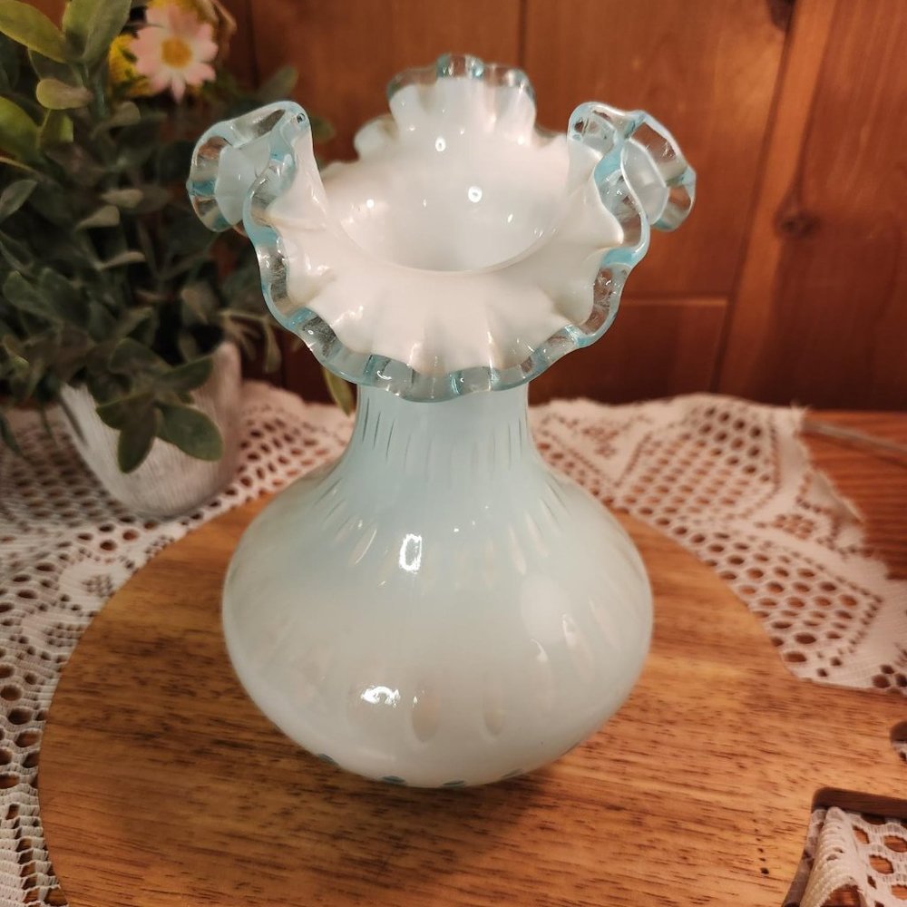 Fenton Vase - Powder Blue Overlay Bubble Optic 3 point crimp